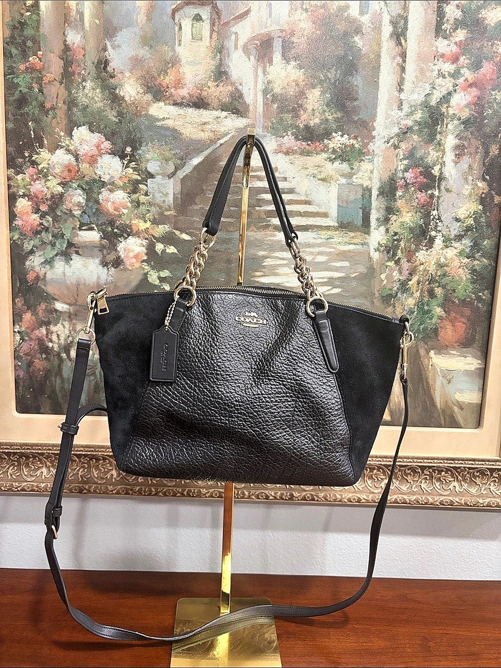 Coach Black Leather Tote with Chain Straps